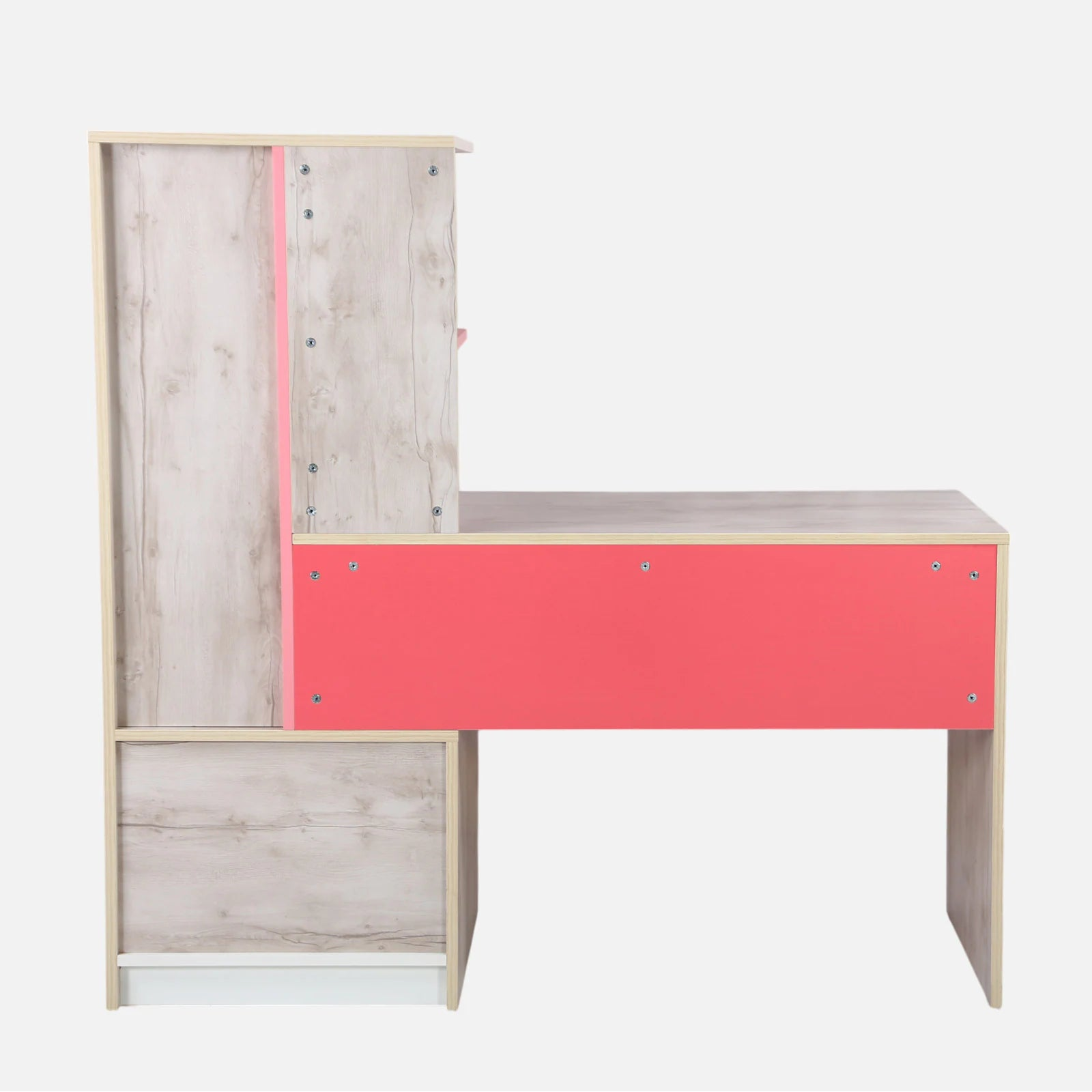 Kids L-Shape Study Desk in Natural Wood & Pink with Bookshelf & 2 Drawers for Kids Bedroom, Nursery & Study Area