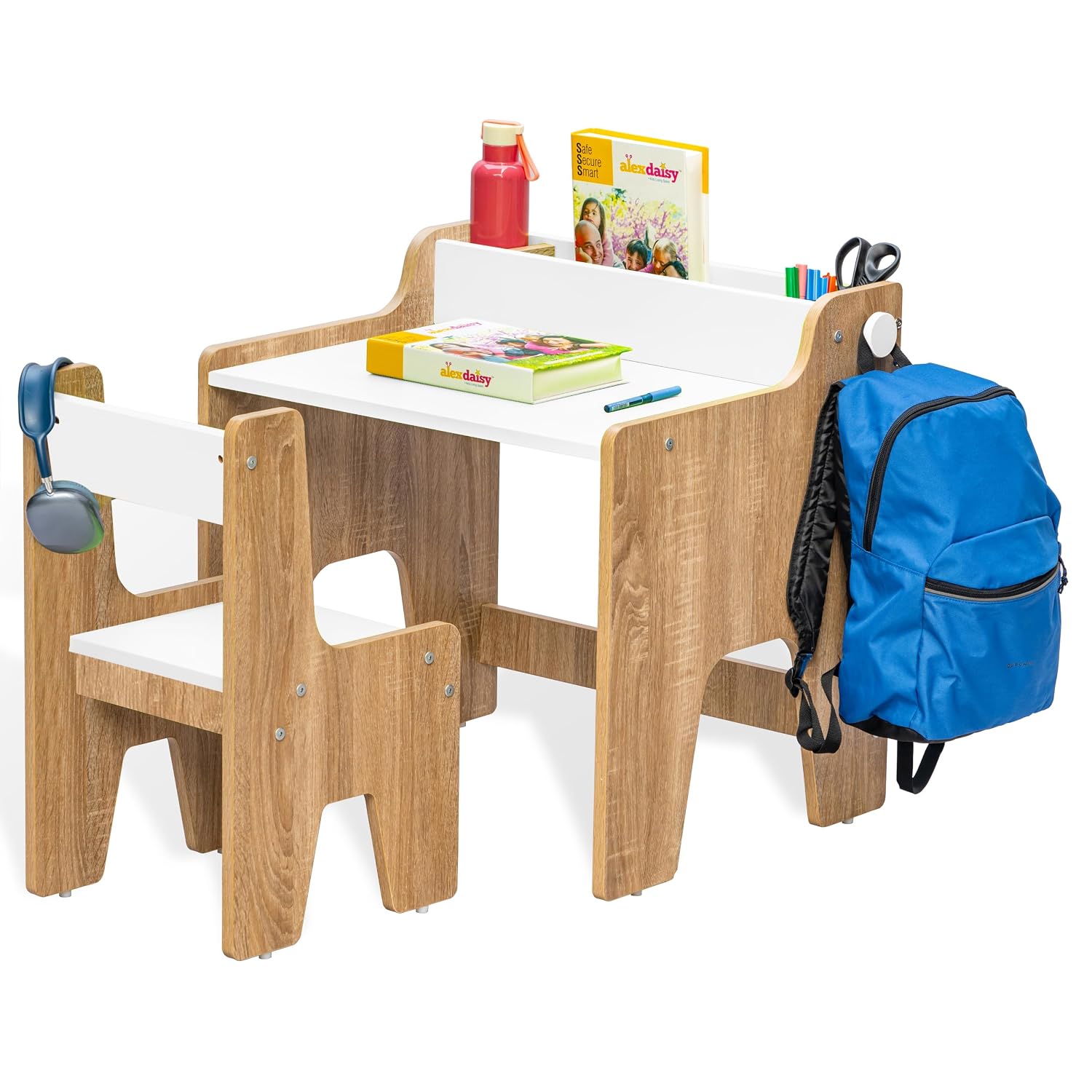 Kids Study Table & Chair Set in Oak & White with Organizer Shelf for Kids Bedroom, Nursery & Study Area