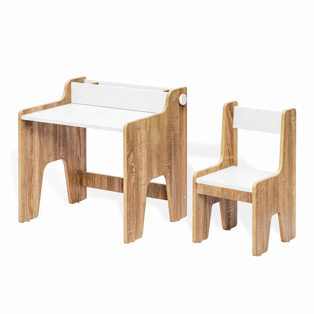 Kids Study Table & Chair Set in Oak & White with Organizer Shelf for Kids Bedroom, Nursery & Study Area
