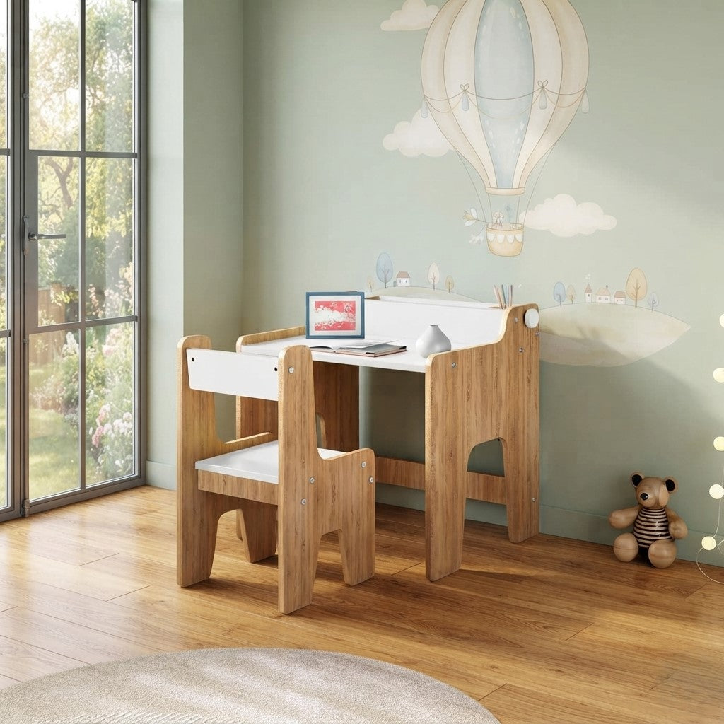 Kids Study Table & Chair Set in Oak & White with Organizer Shelf for Kids Bedroom, Nursery & Study Area