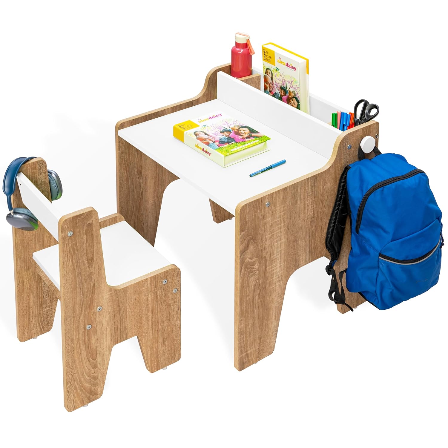 Kids Study Table & Chair Set in Oak & White with Organizer Shelf for Kids Bedroom, Nursery & Study Area