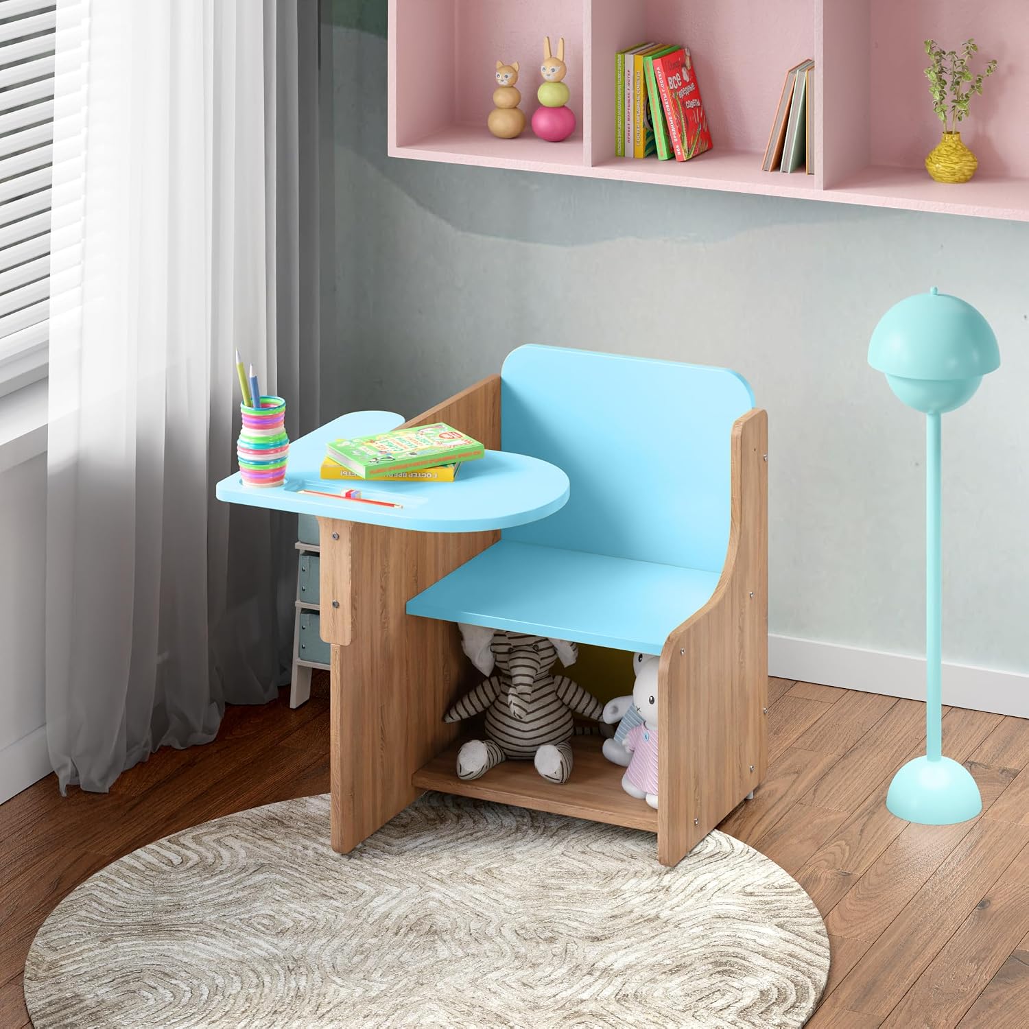 Kids Study Chair with Attached Writing Table in Oak & Blue for Kids Bedroom, Nursery & Study Area