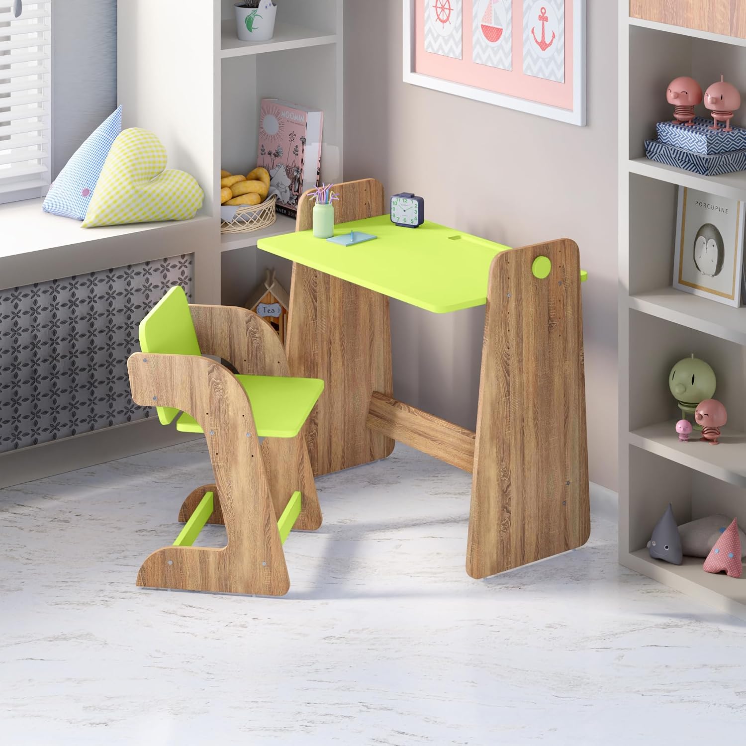 Kids Study Table & Chair Set in Oak & Lime Green for Kids Bedroom, Nursery & Study Area