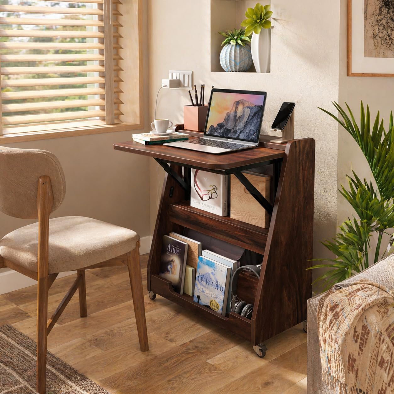 Kids Mobile Study Desk in Walnut Brown with Foldable Writing Surface & Storage for Kids Bedroom, Nursery & Study Area