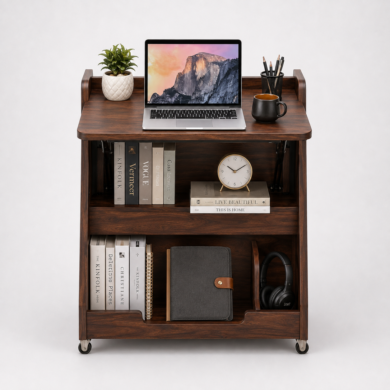 Kids Mobile Study Desk in Walnut Brown with Foldable Writing Surface & Storage for Kids Bedroom, Nursery & Study Area
