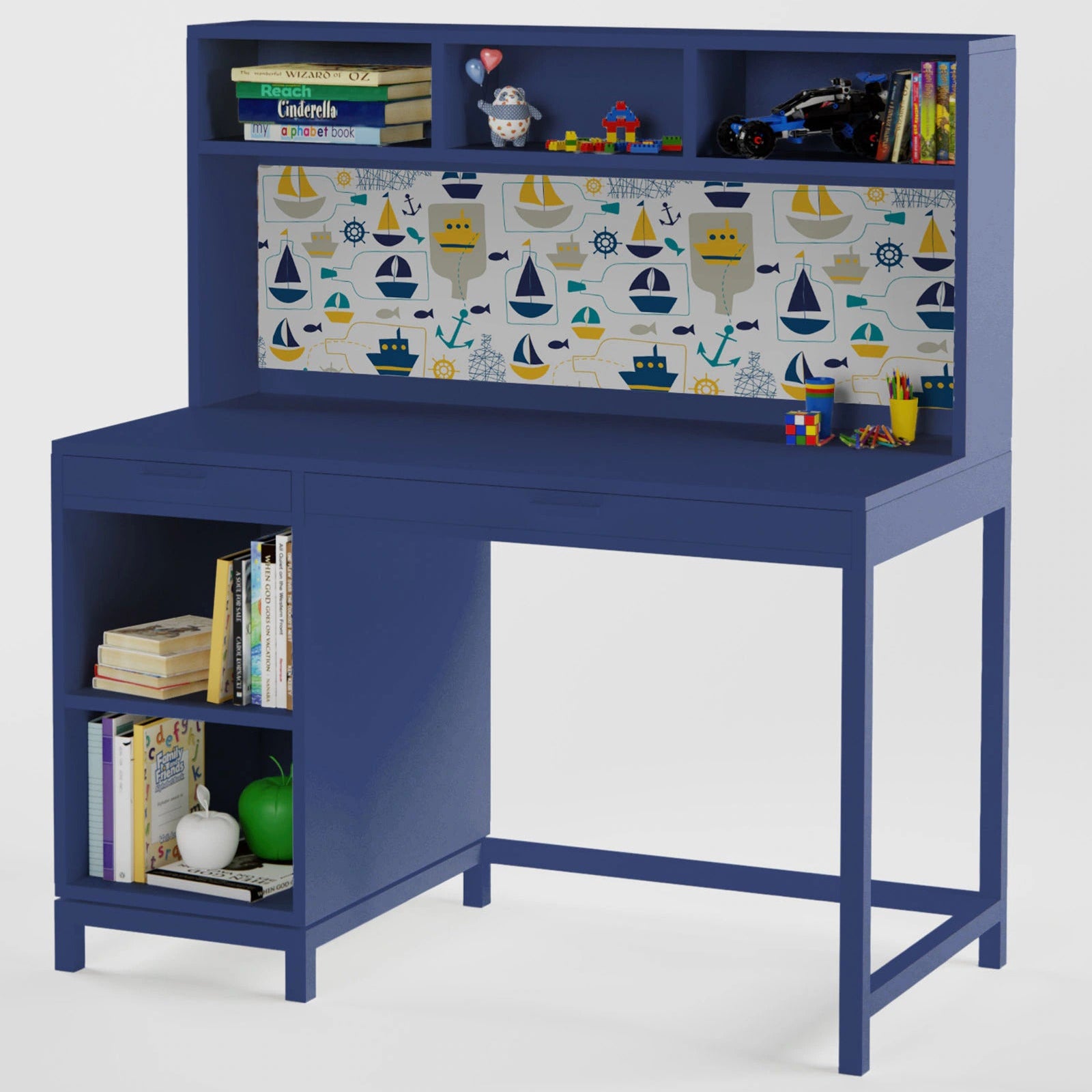 Kids Study Desk in Navy Blue with Bookshelf & Storage Shelves for Kids Bedroom, Nursery & Study Area