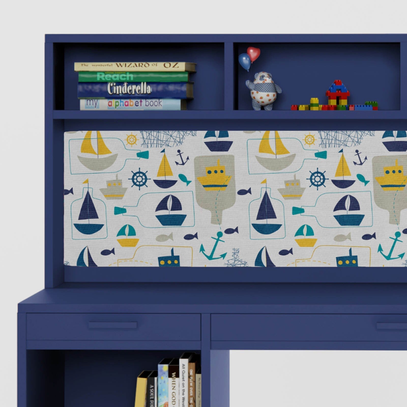 Kids Study Desk in Navy Blue with Bookshelf & Storage Shelves for Kids Bedroom, Nursery & Study Area