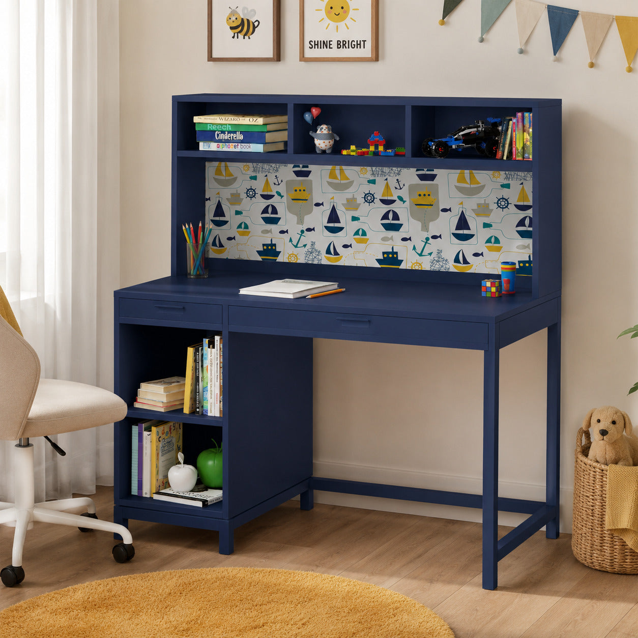 Kids Study Desk in Navy Blue with Bookshelf & Storage Shelves for Kids Bedroom, Nursery & Study Area