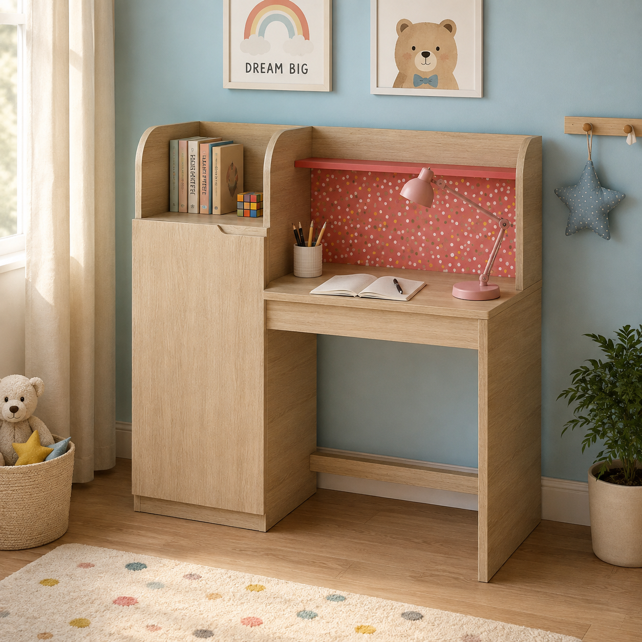 Kids Study Desk in Natural Oak with Storage Cabinet & Drawer for Kids Bedroom, Nursery & Study Area