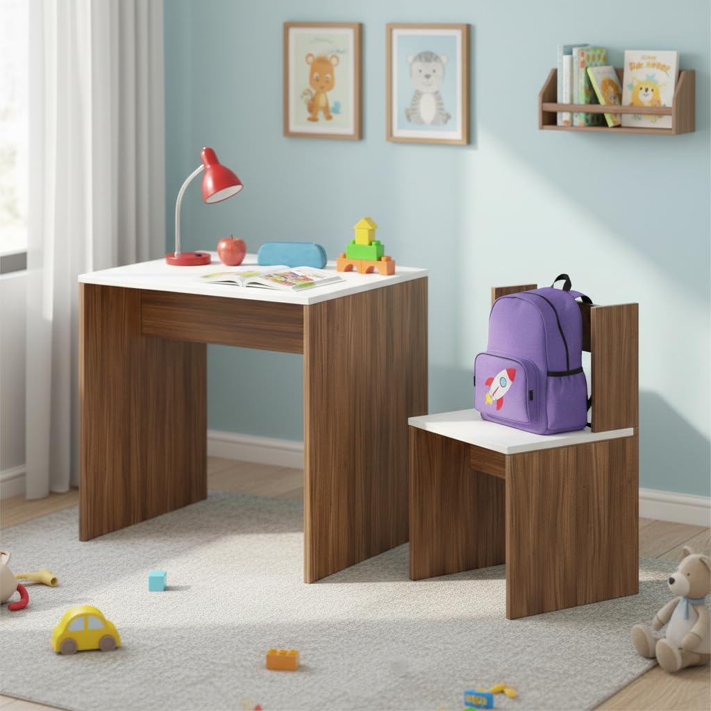 Kids Study Table & Chair Set in Walnut & White for Kids Bedroom, Nursery & Study Area