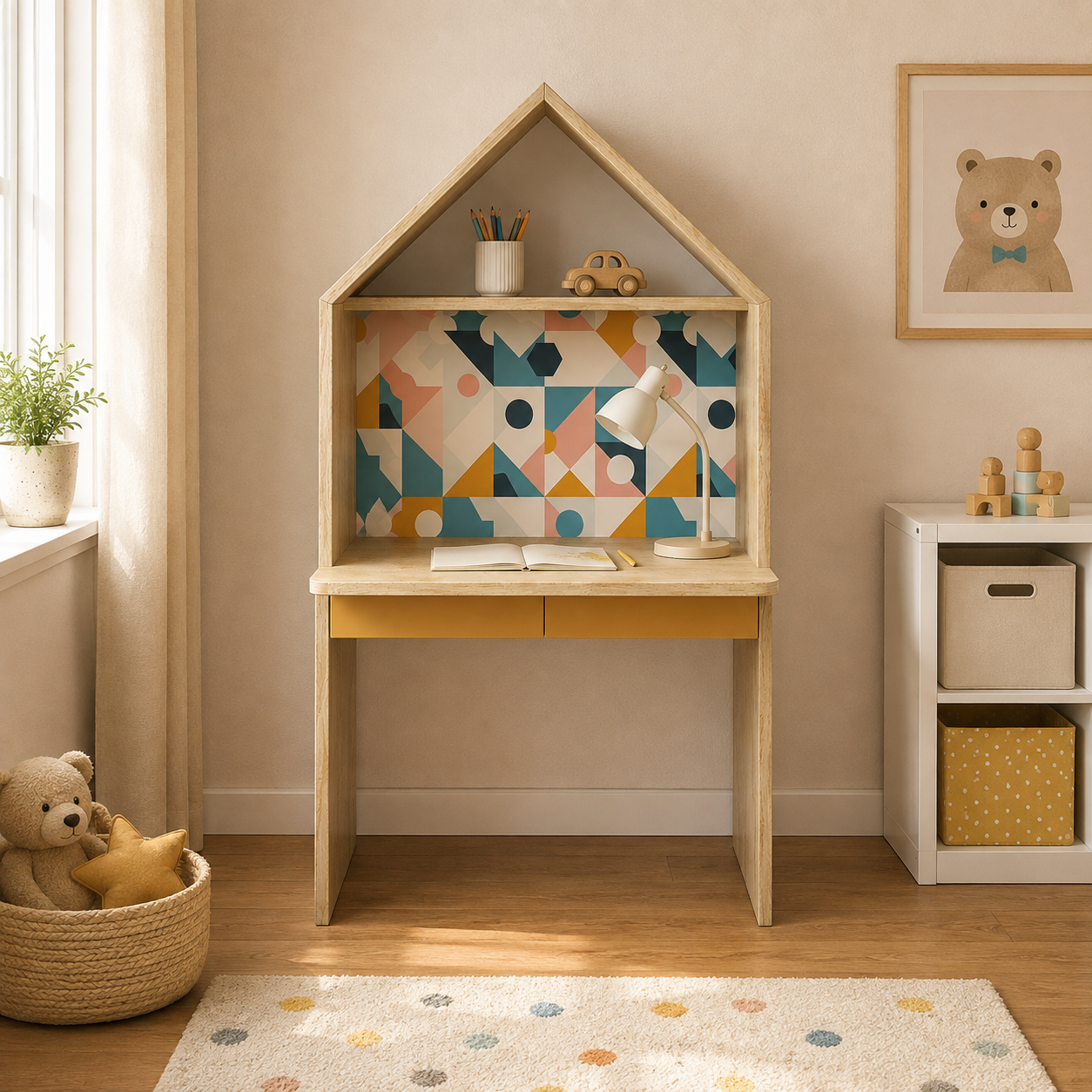Kids House Study Desk in Natural Oak with Writing Table for Kids Bedroom, Nursery & Study Area