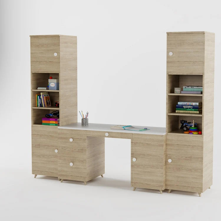 Kids Study Wall Unit with Dual Storage Towers, Drawers & Spacious Study Desk in Natural Oak
