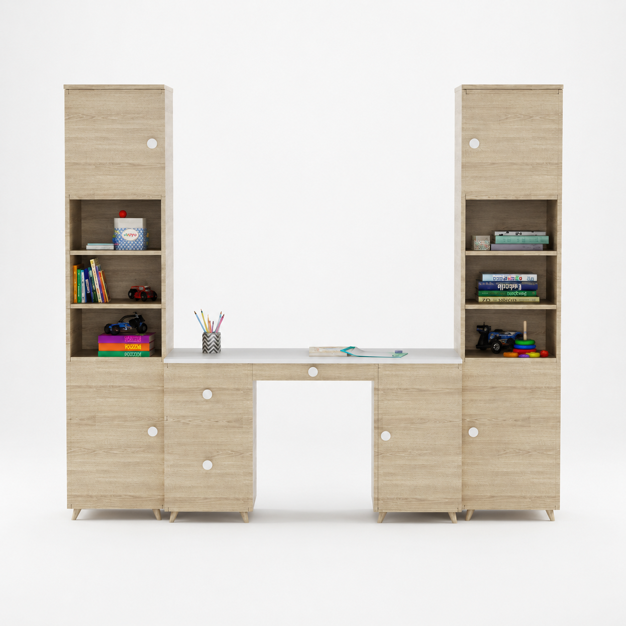 Kids Study Wall Unit with Dual Storage Towers, Drawers & Spacious Study Desk in Natural Oak