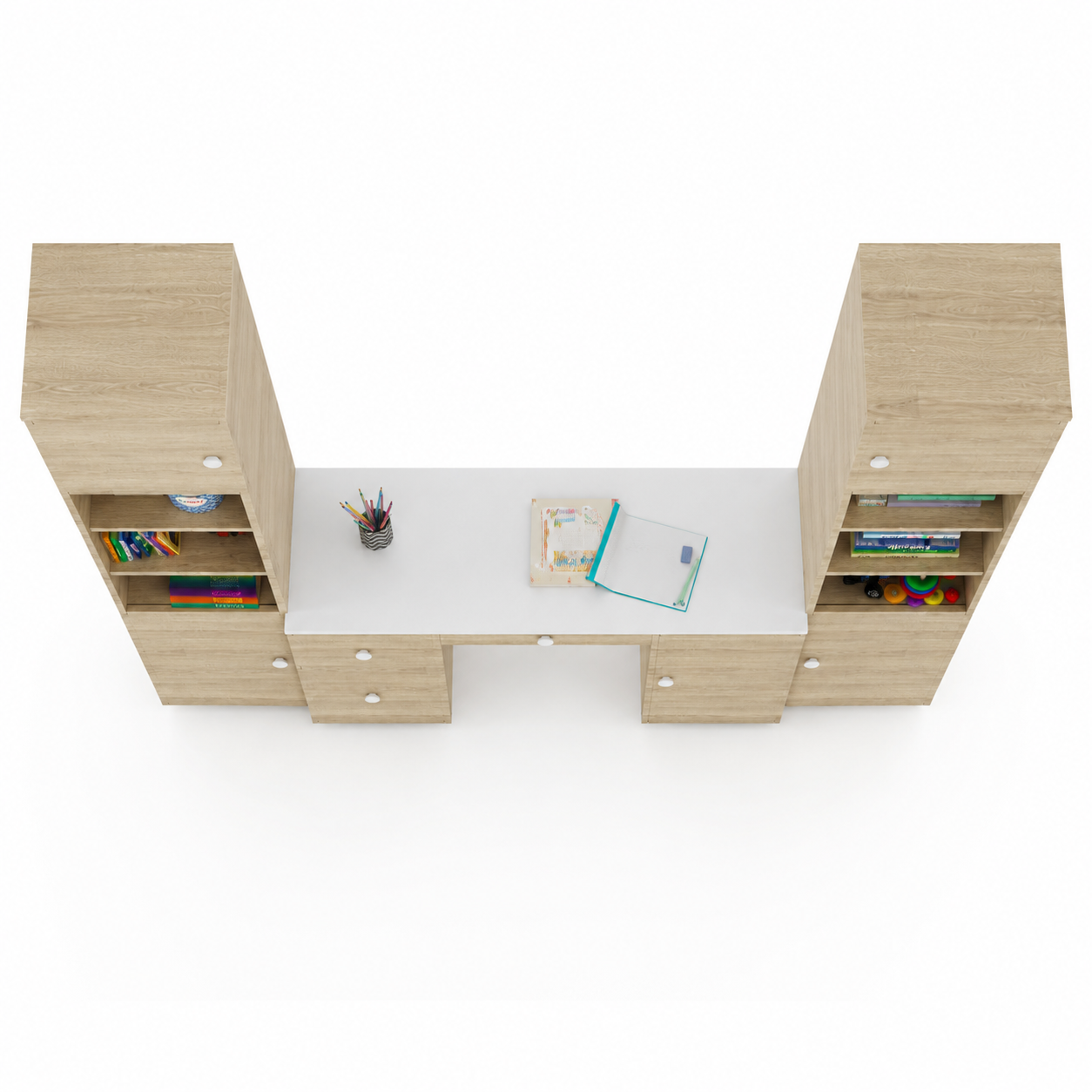 Kids Study Wall Unit with Dual Storage Towers, Drawers & Spacious Study Desk in Natural Oak