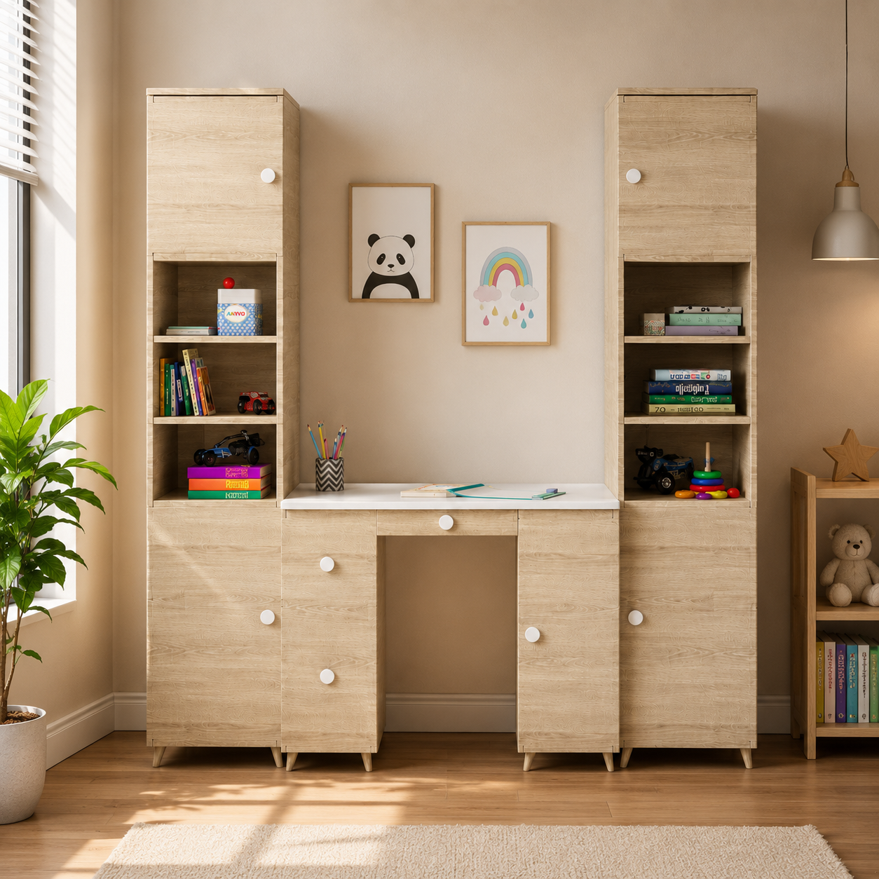 Kids Study Wall Unit with Dual Storage Towers, Drawers & Spacious Study Desk in Natural Oak