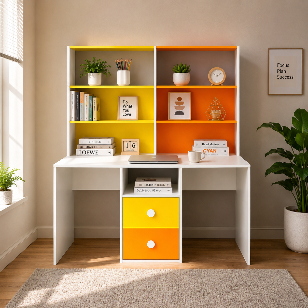 Kids Double Study Desk with 4-Tier Bookshelf & 2 Drawer Storage in White, Yellow & Orange