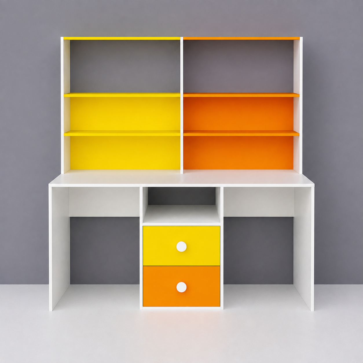 Kids Double Study Desk with 4-Tier Bookshelf & 2 Drawer Storage in White, Yellow & Orange