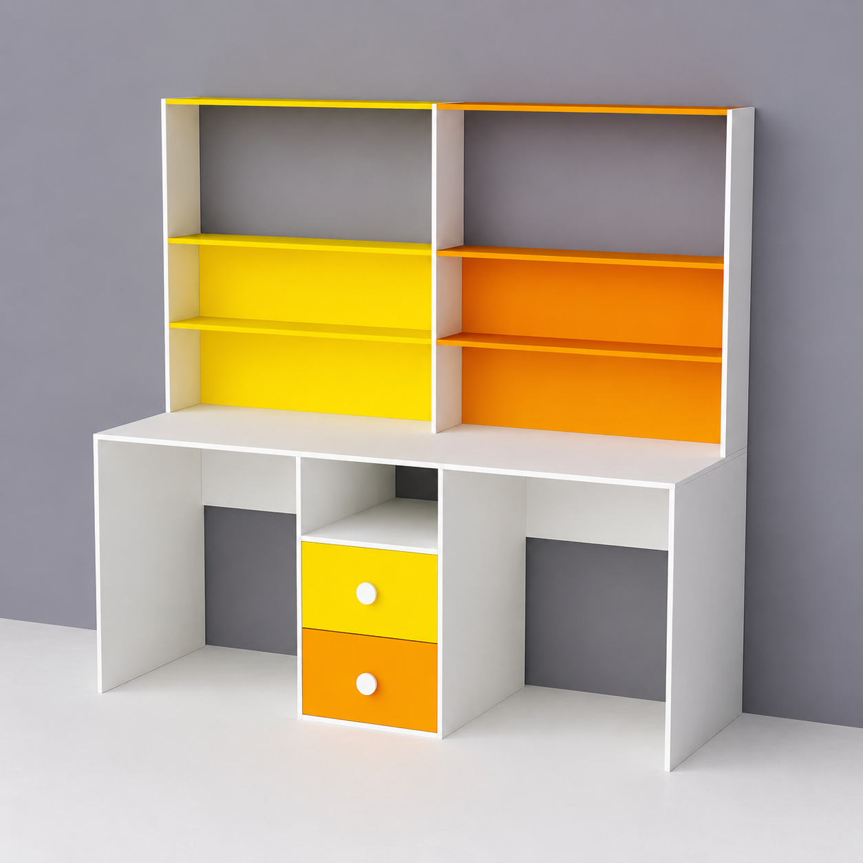 Kids Double Study Desk with 4-Tier Bookshelf & 2 Drawer Storage in White, Yellow & Orange