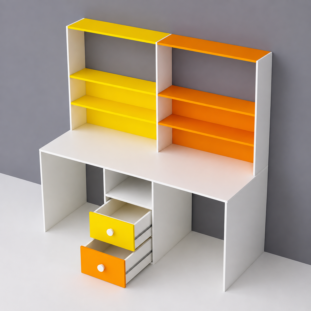 Kids Double Study Desk with 4-Tier Bookshelf & 2 Drawer Storage in White, Yellow & Orange