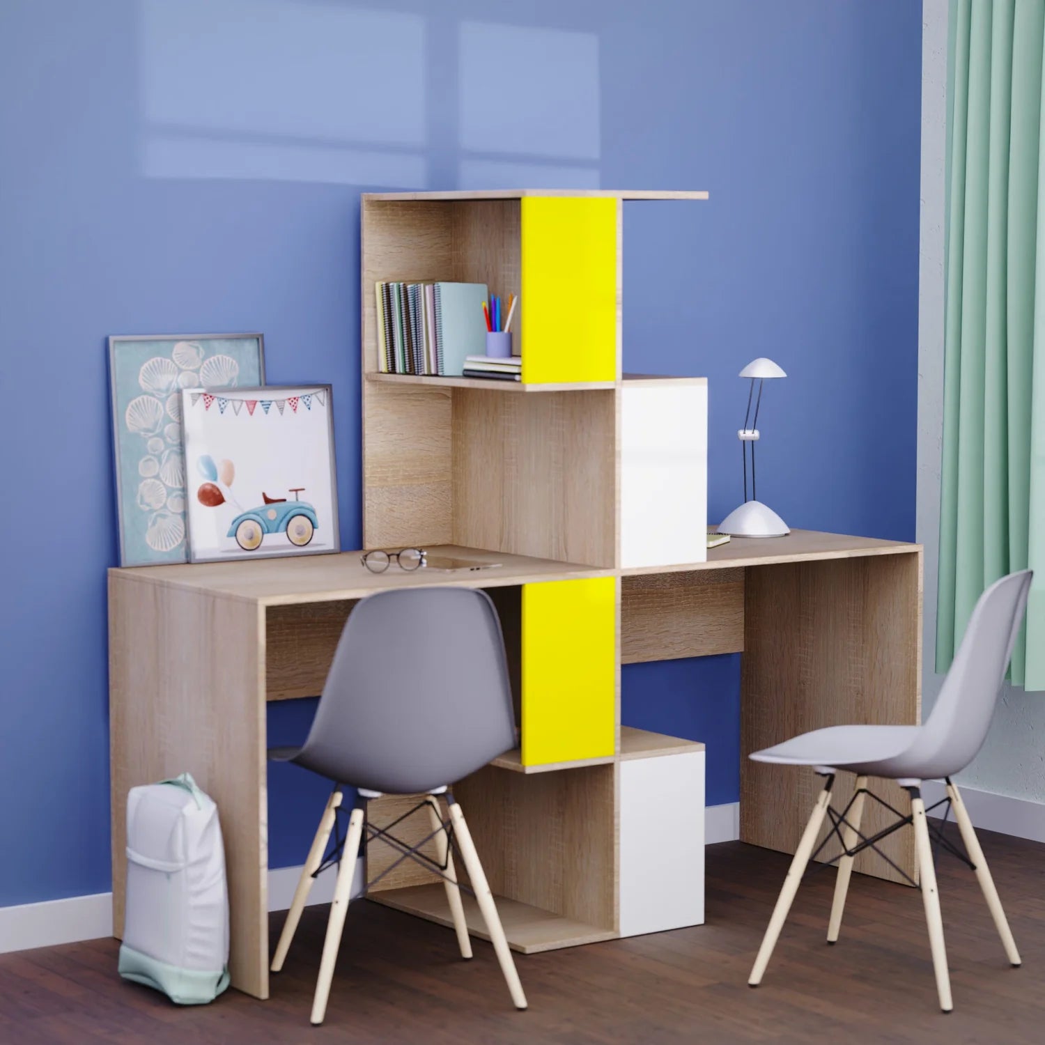 Kids Double Study Desk with Central Organizer Tower & Multi-Color Storage in Natural Oak