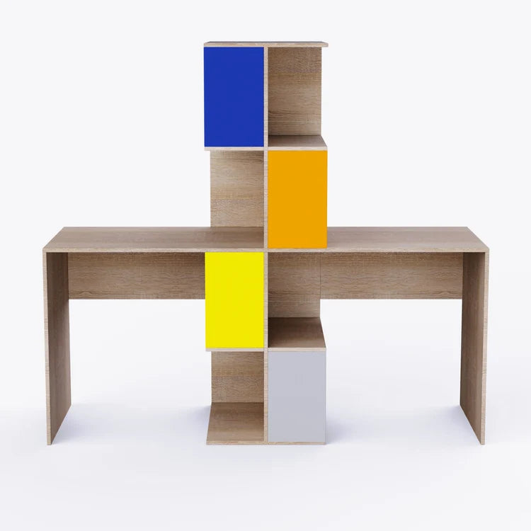 Kids Double Study Desk with Central Organizer Tower & Multi-Color Storage in Natural Oak