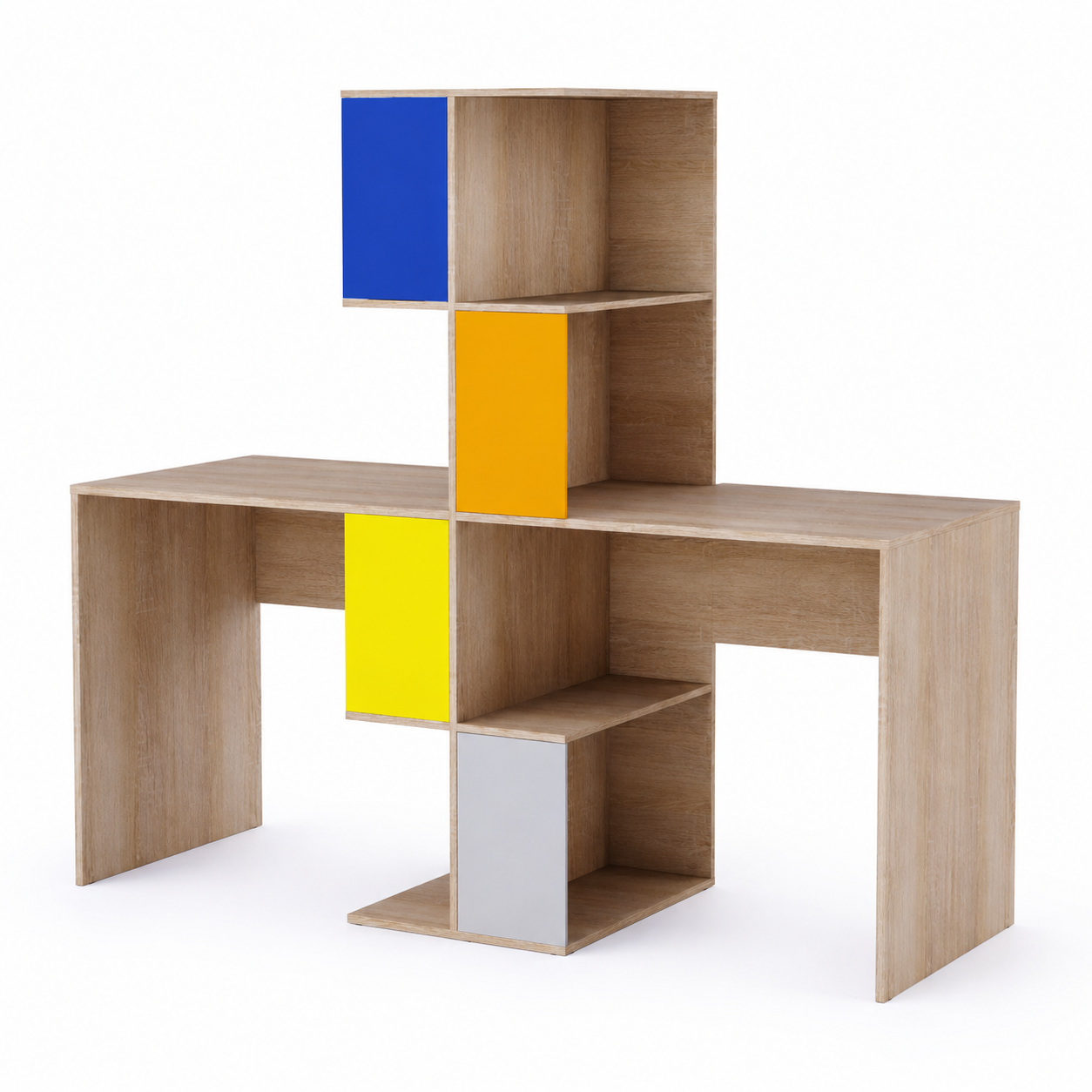 Kids Double Study Desk with Central Organizer Tower & Multi-Color Storage in Natural Oak