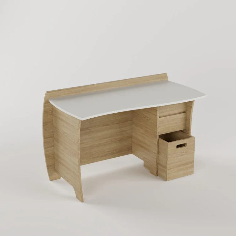 Kids Study Desk with 3 Drawers & Open Storage in Natural Oak & White