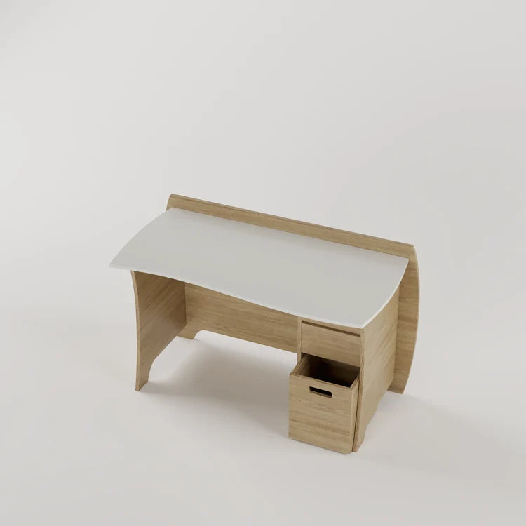 Kids Study Desk with 3 Drawers & Open Storage in Natural Oak & White