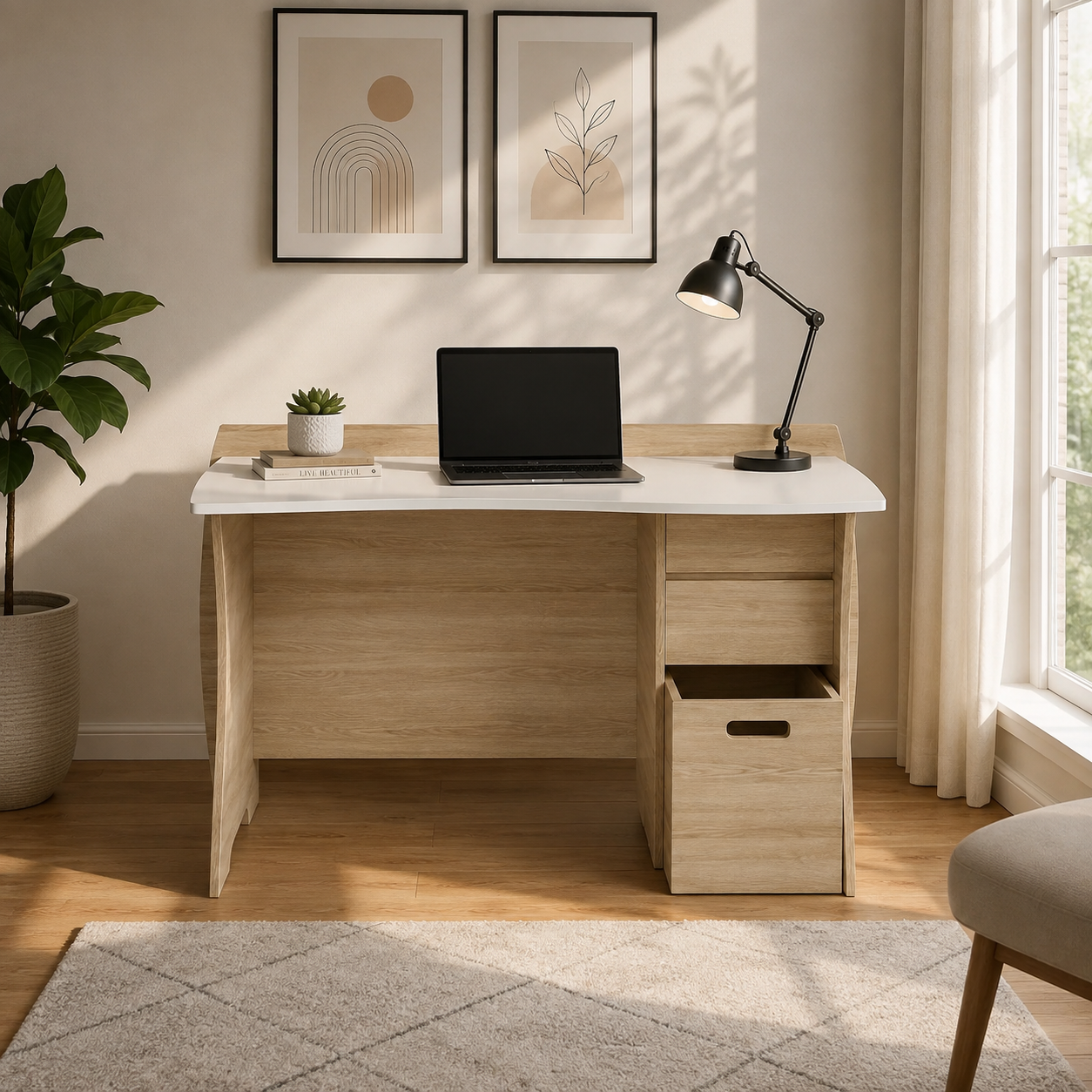 Kids Study Desk with 3 Drawers & Open Storage in Natural Oak & White