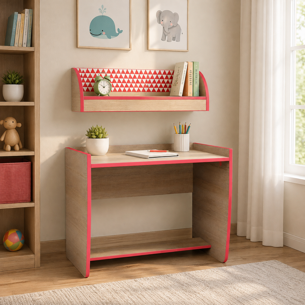 Kids Study Desk with Wall Mounted Bookshelf, Spacious Writing Table, Open Storage Shelf, Space Saving Study Table for Bedroom, Nursery & Study Room
