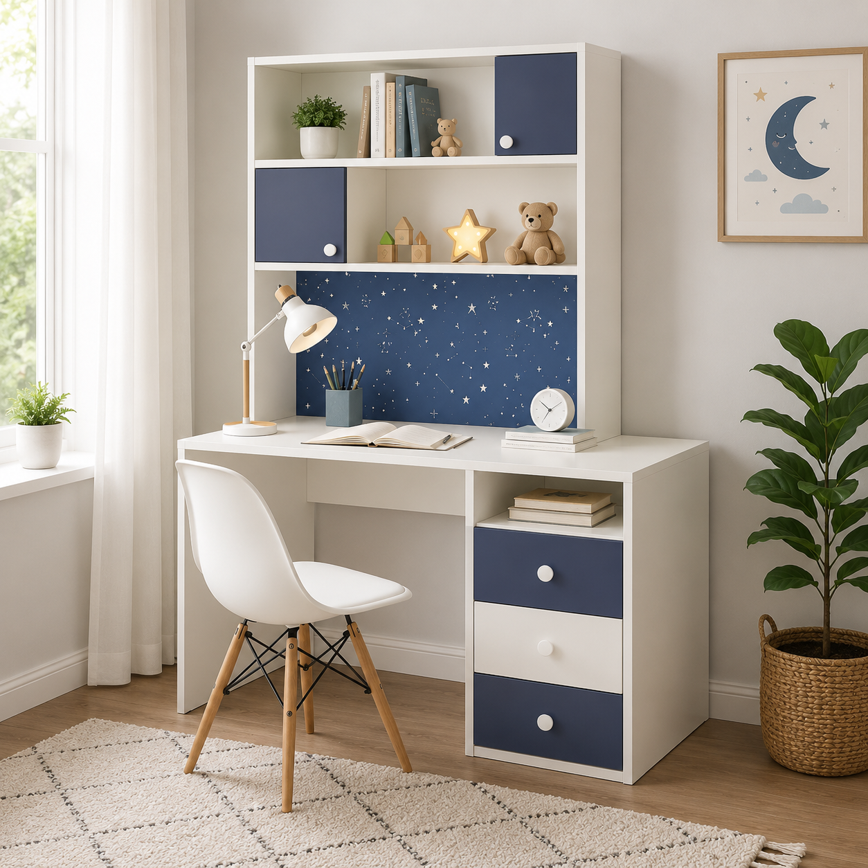 Kids Corner Study Desk with Bookshelf, 3 Drawer Storage & Open Shelves for Bedroom, Nursery, Playroom & Study Room