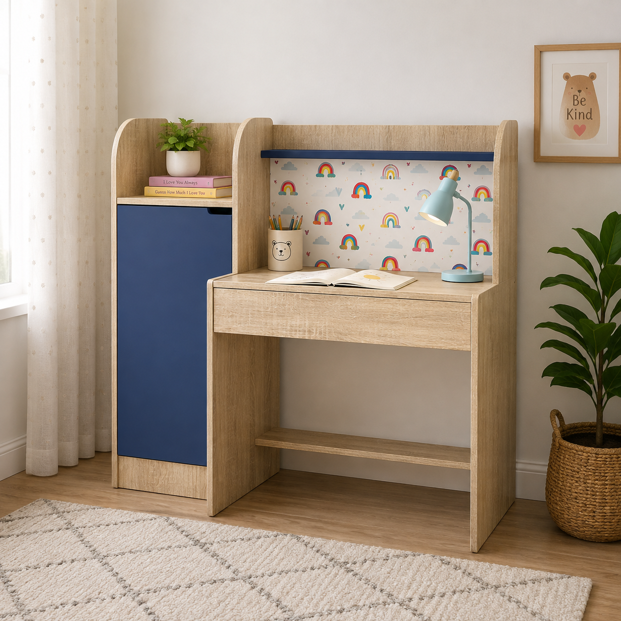 Kids Study Desk with Storage Cabinet, Organizer Shelf & Spacious Writing Table for Bedroom, Nursery, Playroom & Study Room
