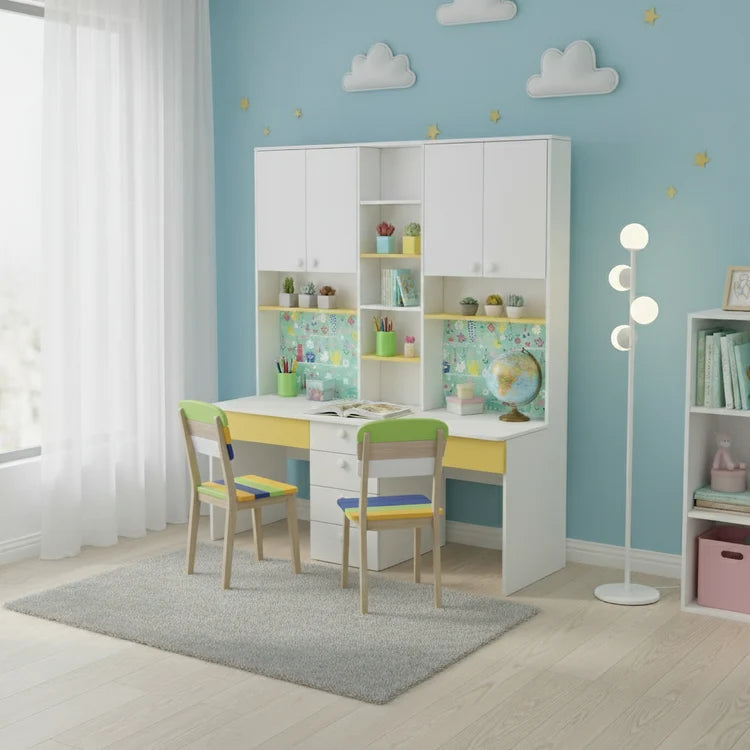 Modern Kids Study Desk with Dual Storage Cabinets, Open Bookshelves, 4 Drawer Organizer & Spacious Writing Table for Kids & Teen