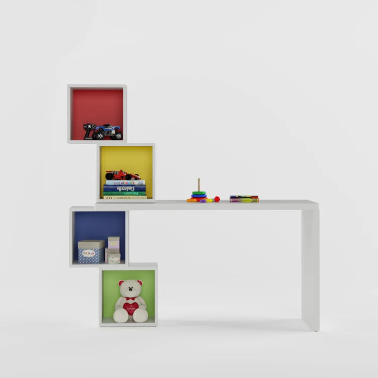 Modern Kids Study Desk with Multi-Color Cube Bookshelves, Open Display Storage & Spacious Writing Table for Kids & Teen