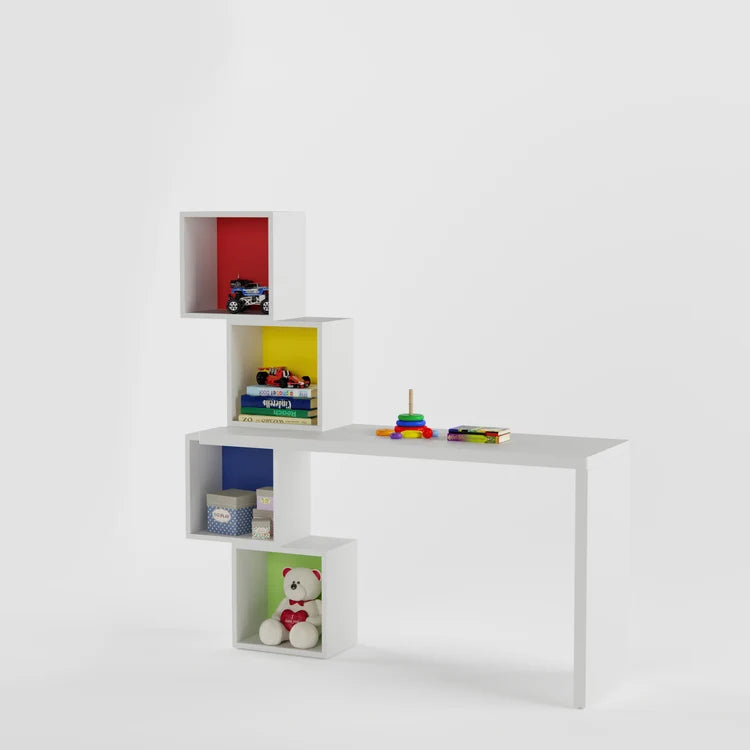 Modern Kids Study Desk with Multi-Color Cube Bookshelves, Open Display Storage & Spacious Writing Table for Kids & Teen