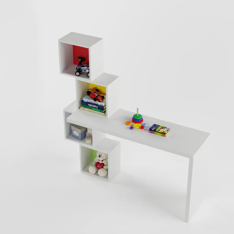 Modern Kids Study Desk with Multi-Color Cube Bookshelves, Open Display Storage & Spacious Writing Table for Kids & Teen