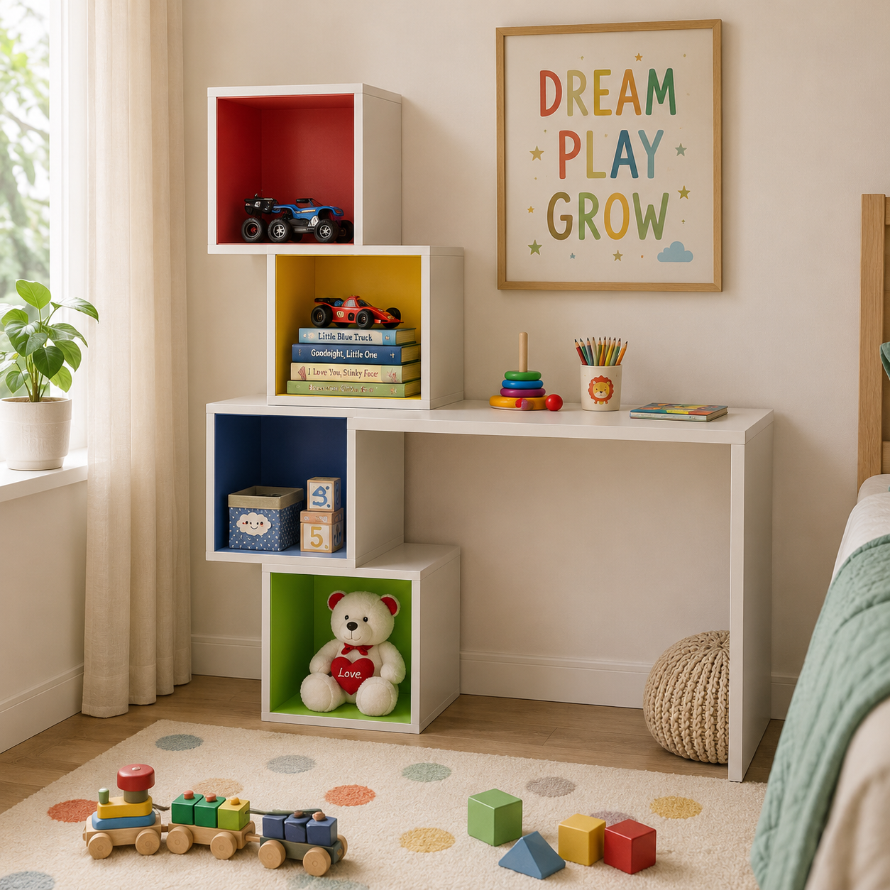 Modern Kids Study Desk with Multi-Color Cube Bookshelves, Open Display Storage & Spacious Writing Table for Kids & Teen
