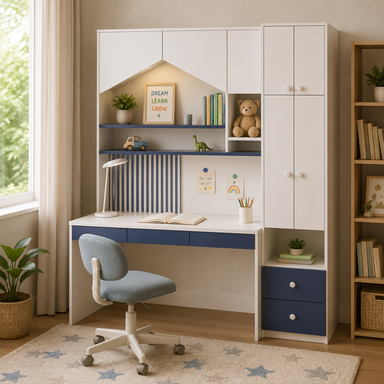 Modern Kids Study Desk with 6-Door Storage Cabinet, Open Bookshelves, Dual Drawers & Spacious Writing Table for Kids & Teen