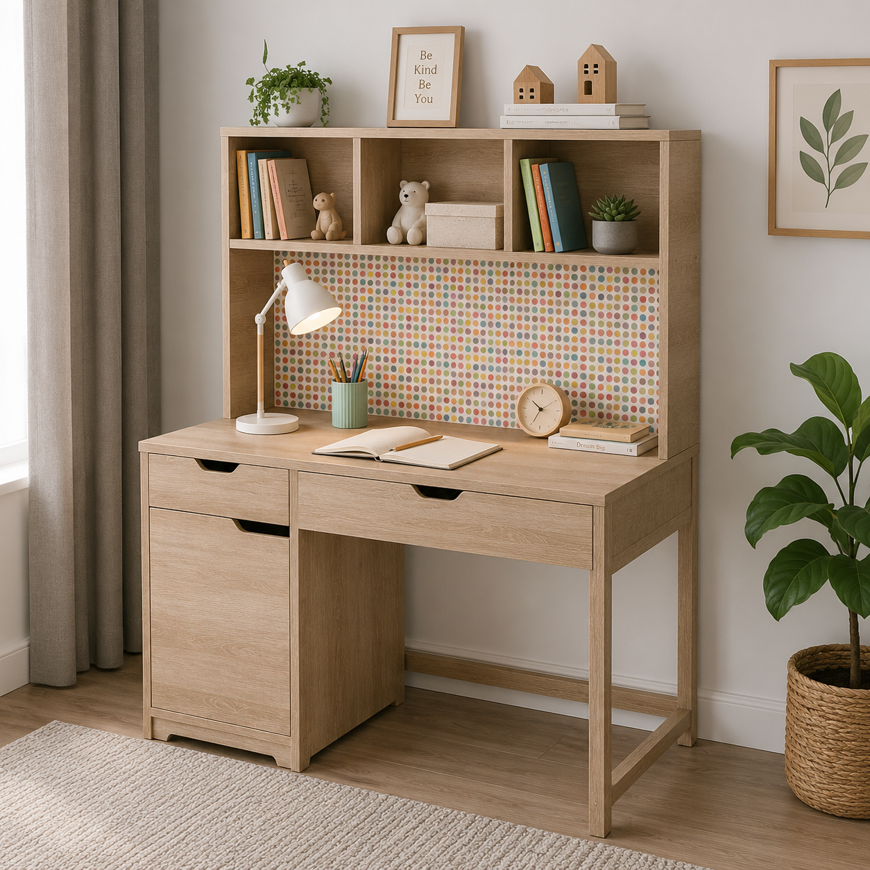 Modern Kids Study Desk with Open Bookshelves, Dual Utility Drawers, Spacious Writing Table & Vertical Storage for Kids & Teen