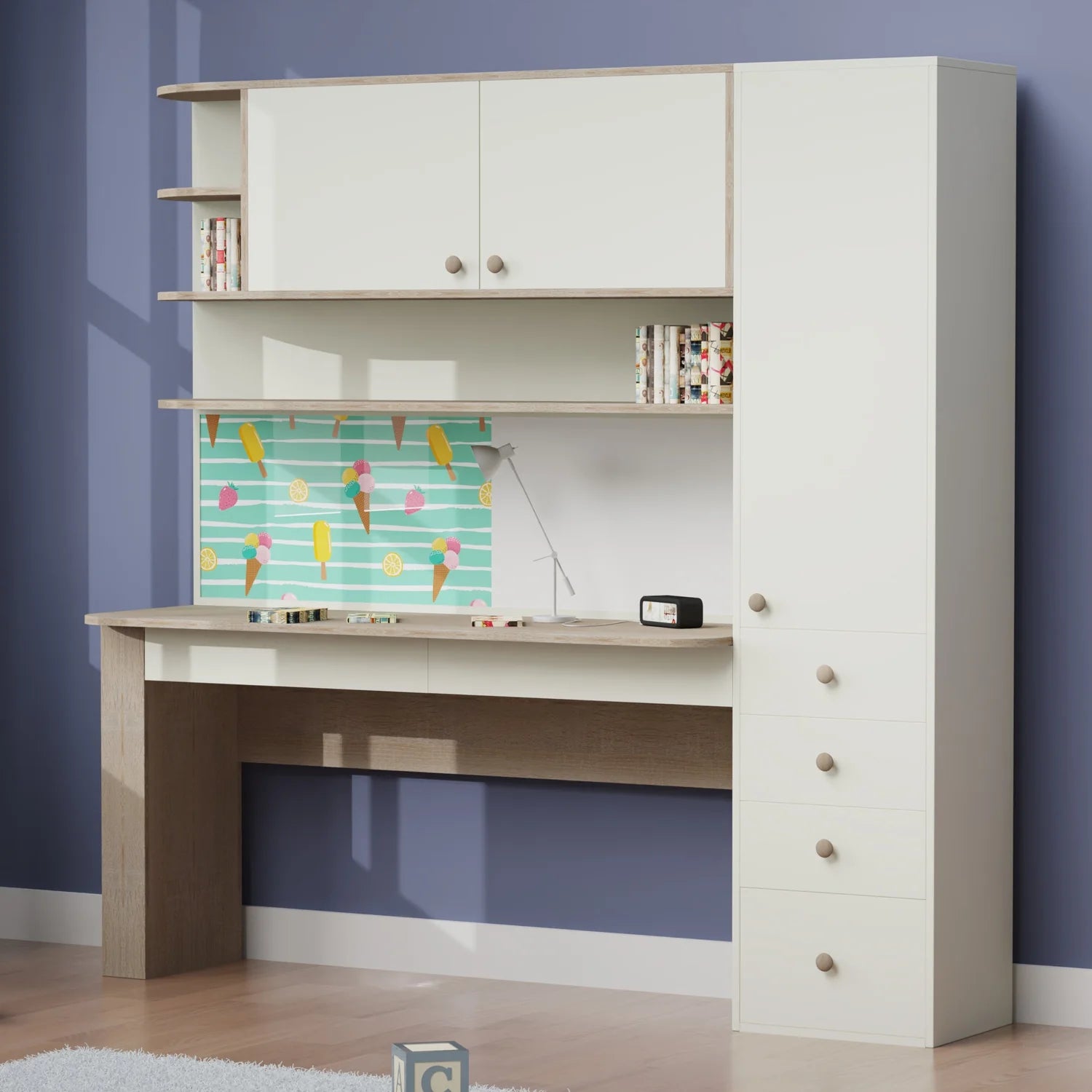 Modern Kids Study Desk with Overhead Storage Cabinet, Side Wardrobe, Open Shelves & Spacious Writing Table for Kids & Teen
