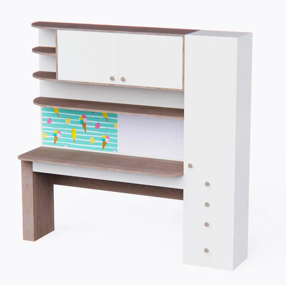 Modern Kids Study Desk with Overhead Storage Cabinet, Side Wardrobe, Open Shelves & Spacious Writing Table for Kids & Teen