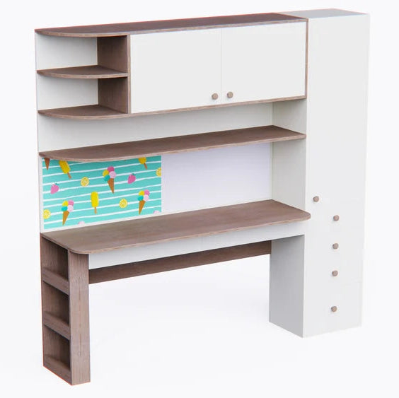 Modern Kids Study Desk with Overhead Storage Cabinet, Side Wardrobe, Open Shelves & Spacious Writing Table for Kids & Teen