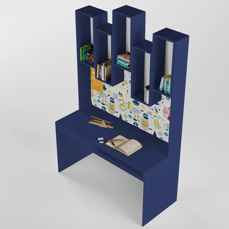 Modern Kids Study Desk with Geometric Open Bookshelves, Pinboard Organizer, Spacious Writing Table & Vertical Storage for Kids & Teen