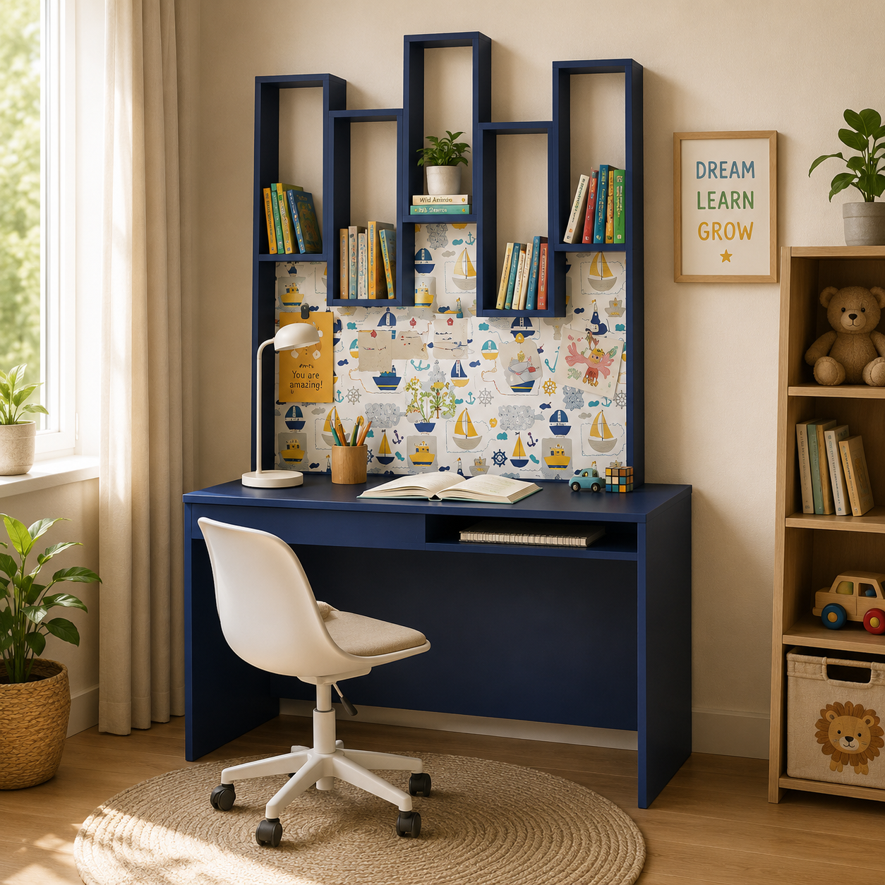 Modern Kids Study Desk with Geometric Open Bookshelves, Pinboard Organizer, Spacious Writing Table & Vertical Storage for Kids & Teen