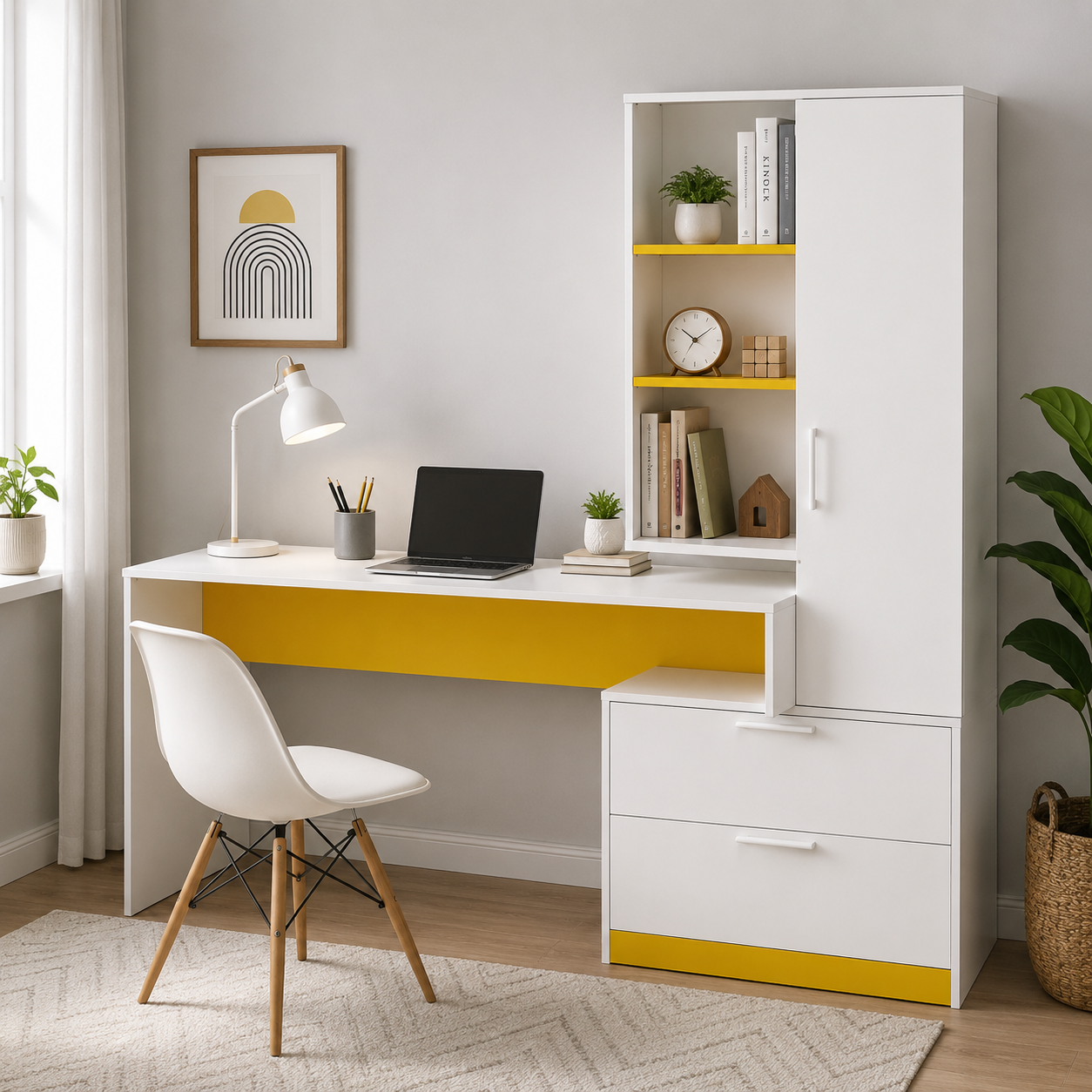 Kids Study Desk with Storage Cabinet, 2 Drawers & Open Shelves for Bedroom, Study Room & Classroom – Natural Oak & White Finish
