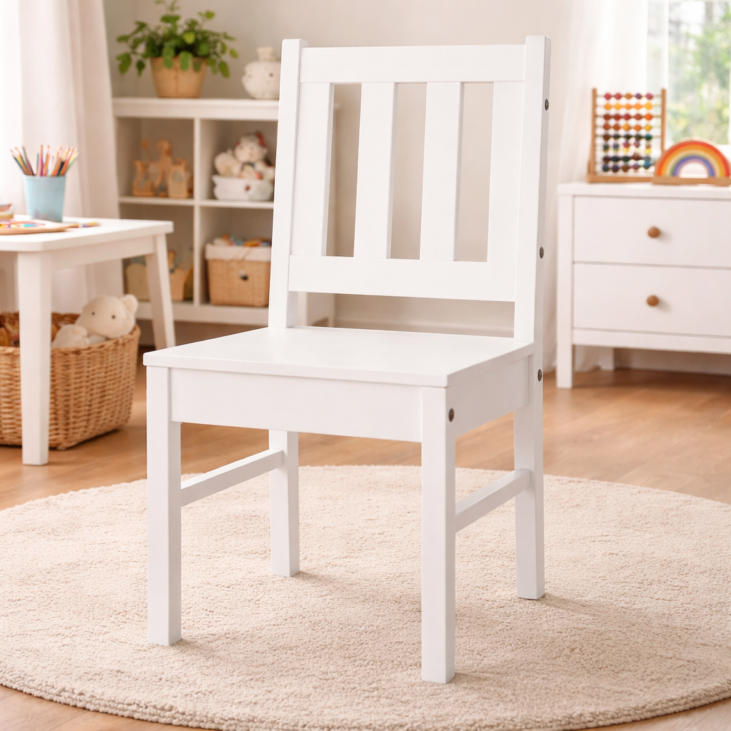 Kids Dining Chair Solid Wooden White Finish with Comfortable Seat and Safe Design for Children