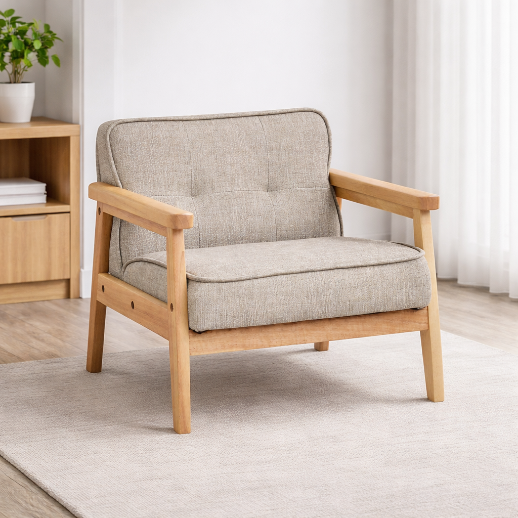 Handcrafted Wooden Kids Lounge Chair with Cushioned Seat and Backrest, Wood Frame, Soft Fabric, Comfortable Armrest Design for Relaxation