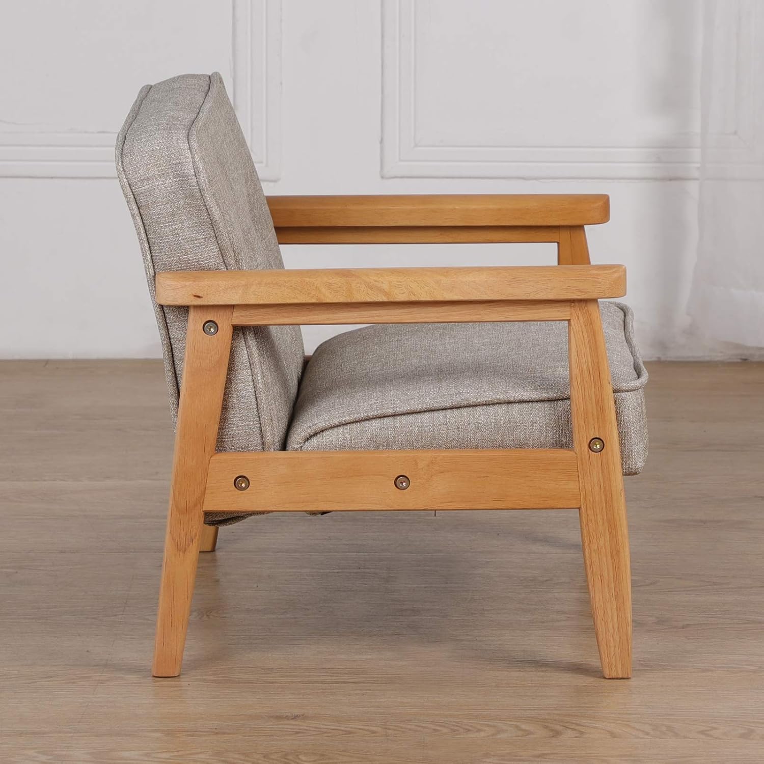 Handcrafted Wooden Kids Lounge Chair with Cushioned Seat and Backrest, Wood Frame, Soft Fabric, Comfortable Armrest Design for Relaxation