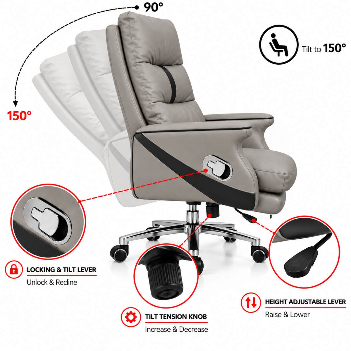 Luxury Leatherette Director High Back Office Chair with Recliner, Ergonomic Design, Chrome Base and Smooth Castors – Premium Brown Executive Chair