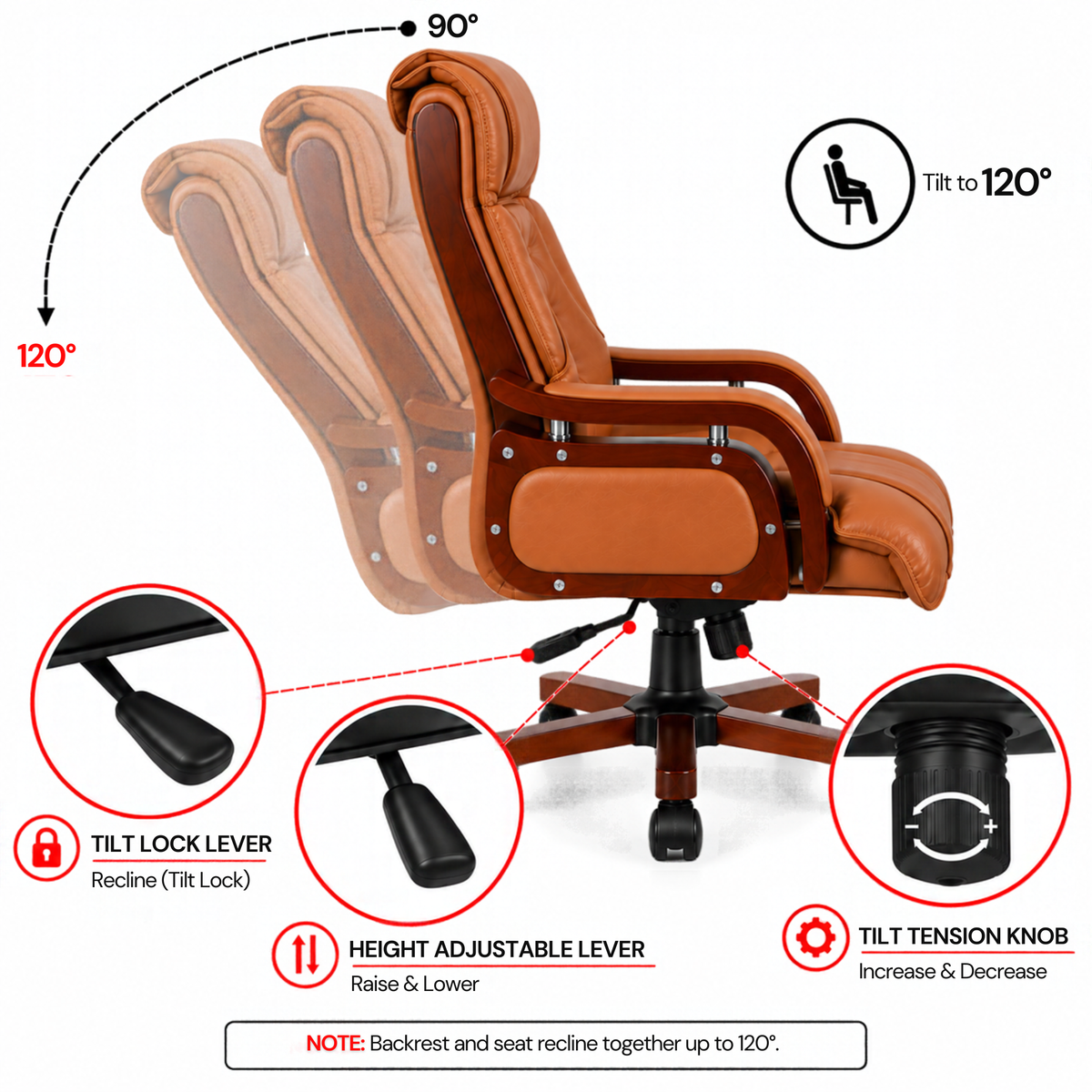 High Back Executive Chair for Office | Leatherette Upholstery with Wooden Base & Handle | Revolving Director Chair with Cushioned Seat & Headrest | Boss Chair Brown
